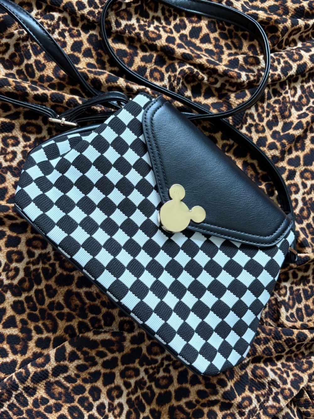 Source Unknown Black and White Check Crossbody Bag with Gold Accent